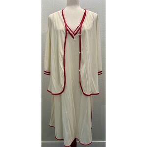 Vintage 1970s Vanity Fair Nightgown (L) & Robe (M) Set Ivory & Magenta